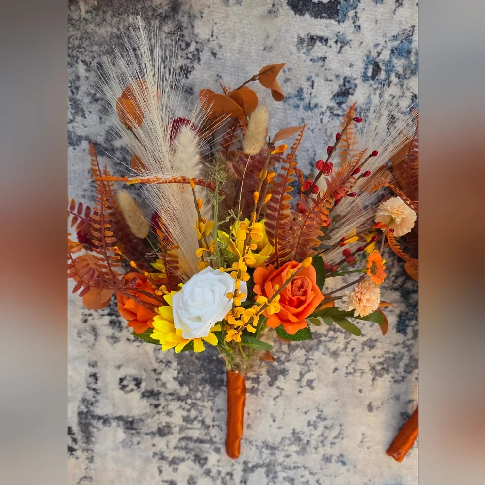 Autumn Sunflower & Rose Faux Floral Arrangement - Yellow, Orange, White